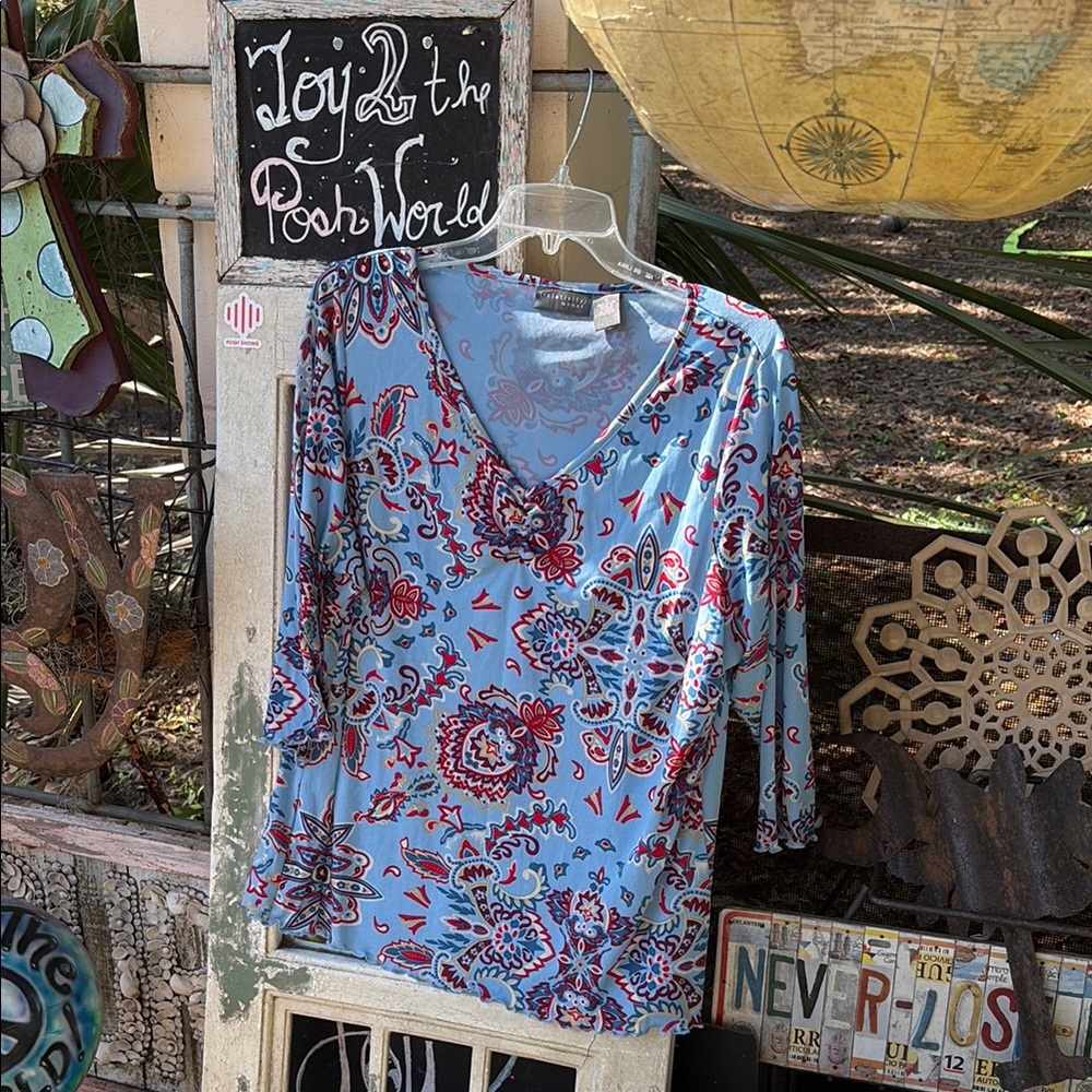 🌸Relativity GUC blue & red print loose fitted blouses with 3/4 sleeves